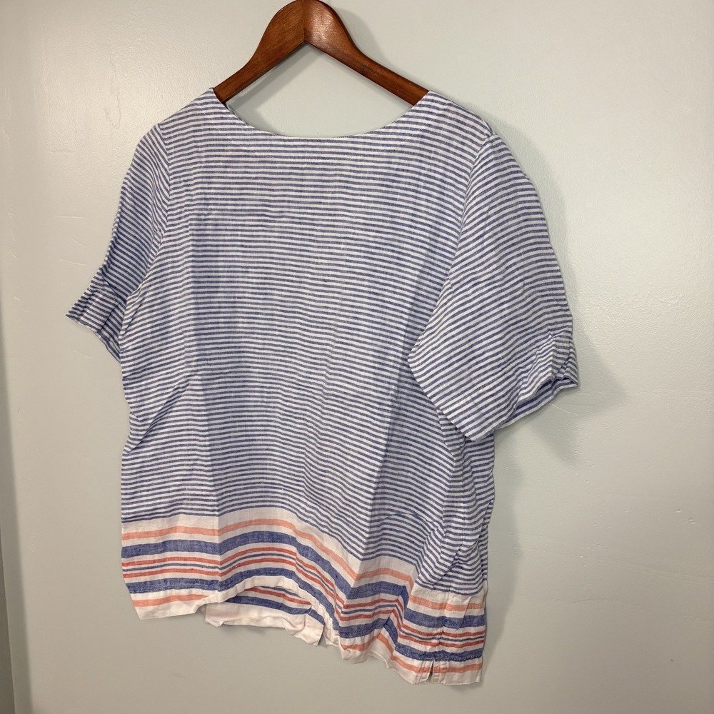 LL Bean 100% Linen Nautical Stripe Size M Shirt Blouse Vacation Beach Preppy - Picture 2 of 5